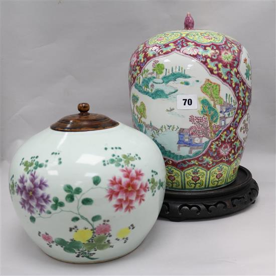 Two Chinese famille rose jars and covers Largest 29cm.